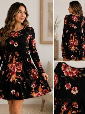 DB Moon Black Floral Long Sleeve Babydoll Swing Dress
